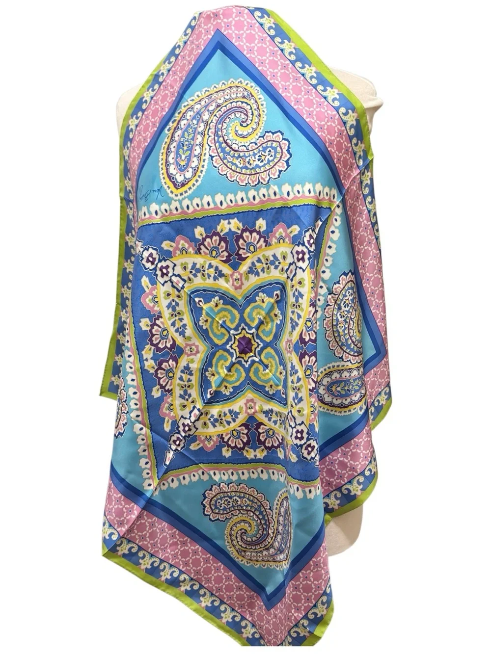 Vera Bradley 100% Silk Square Scarf 27” Paisley Blue Green Pink